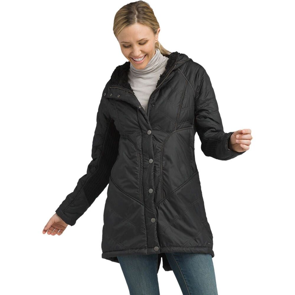 Prana Diva Long Hooded Jacket Womens Medium Black Quilted Sherpa Fleece Full Zip